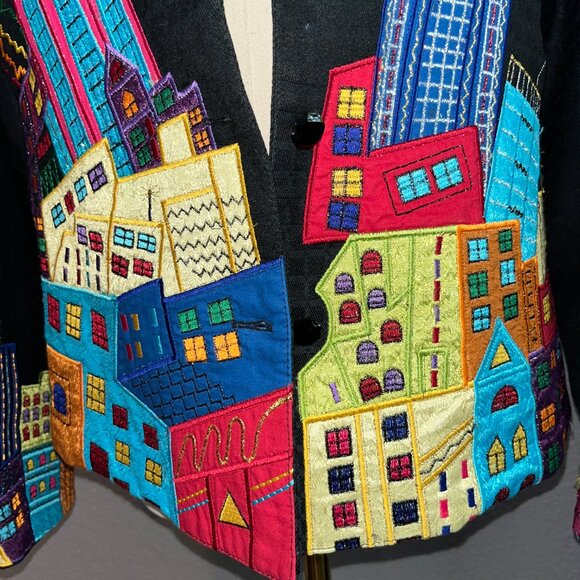 80's PUSHPA ART TO WEAR NEW YORK CITY SCENE APPLIQUED EMBROIDERED JACKET -M - Picture 4 of 9